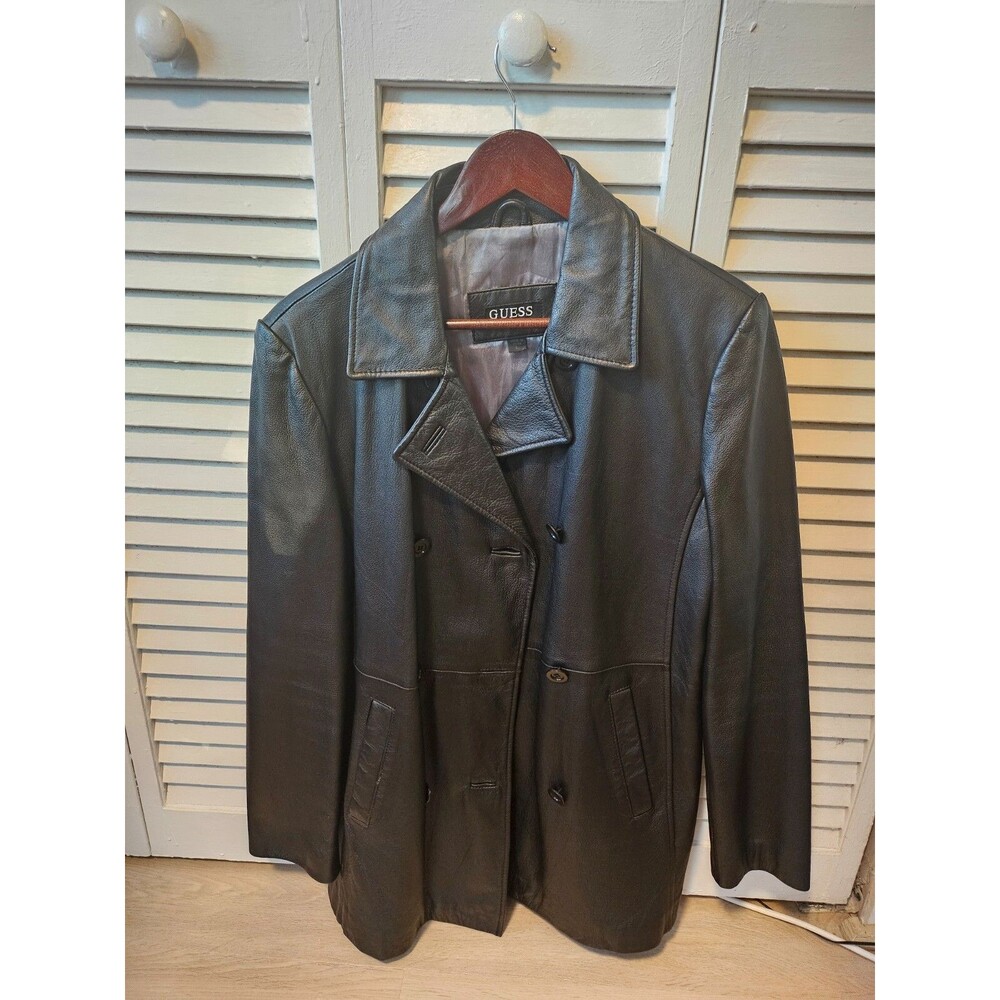 GUESS Vintage Black Womens Genuine Leather Jacket Double Breasted 3 bottons L